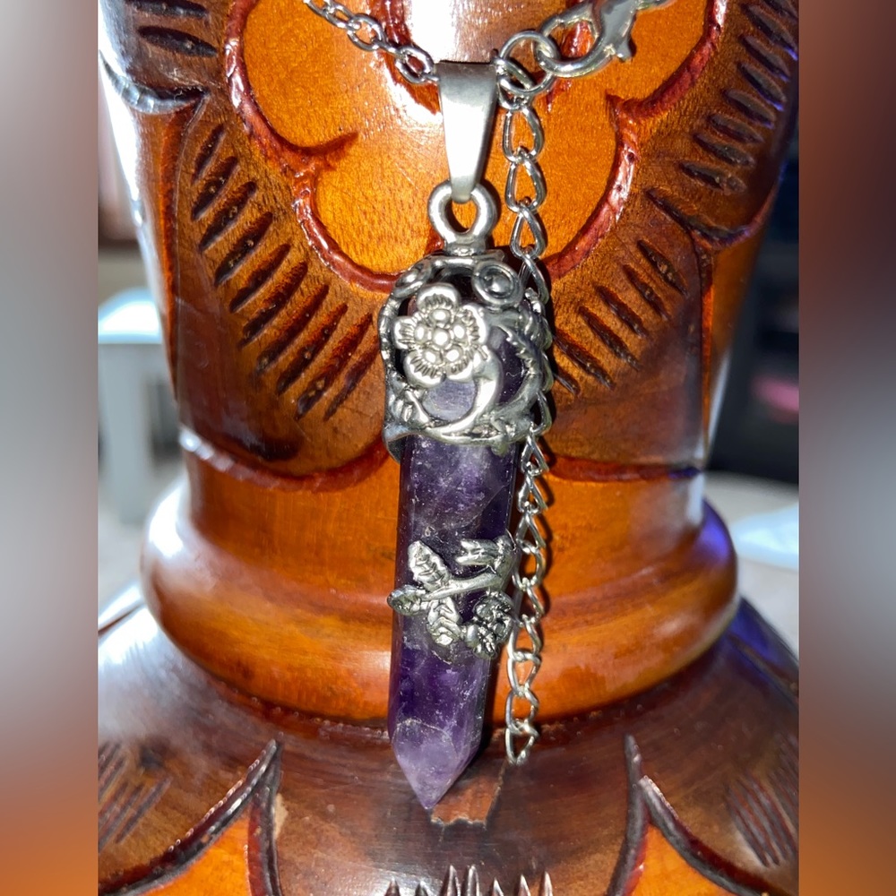 Amethyst Wrapped w/Silver Pendant & Necklace- Hand Made Mystical Healing Crystal - Picture 10 of 16
